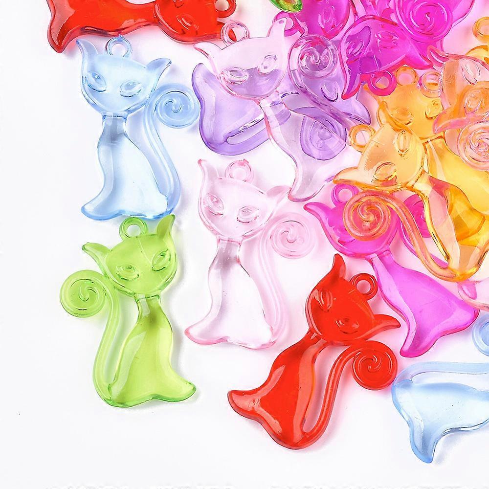 10pc Transparent Acrylic Pendants Cat Shape Mixed Color 41x26x6.5mm Hole: 2.5mm