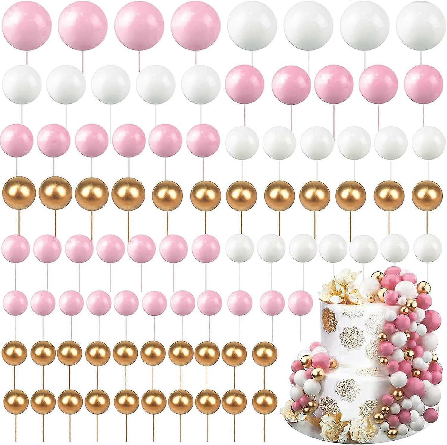 (White + Gold + Pink) Ball topper, 108 mini cake toppers, cake decorating ball cup cake topper, DIY insert cake topper for dessert cake decoration, we