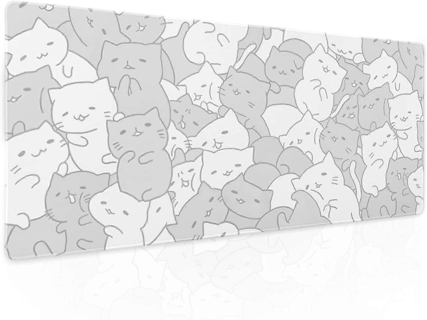 White Kawaii Cats Gaming Mouse Pad XL Cute Anime Kittens Japanese Extended Big Large Desk Mat Non-Slip Rubber Base Stitched Edge Long Keyboard Mousepa
