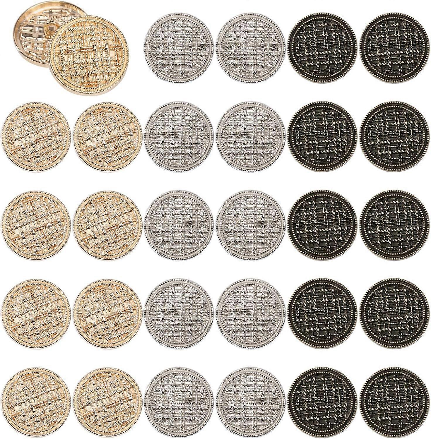 30Pcs 3Styles Zinc Alloy Shank Buttons Flat Round with Grid Sewing Button Decorative Buckle for Blazer Suits Coat Uniform Jacket DIY