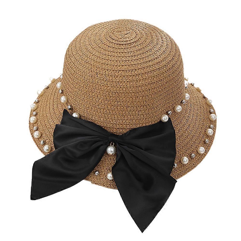 52-54cm hat circumference children's bow inlaid pearl straw hat sunscreen hat sun hat seaside beach hat