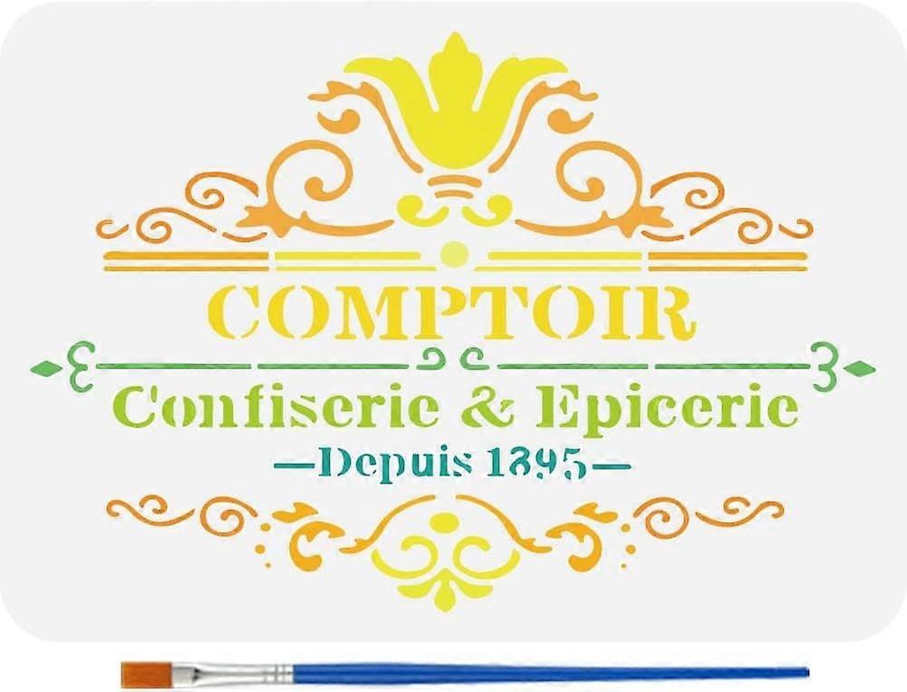 Vintage Grocery Painting Stencil 8.3x11.7inch Poster Old Counter Template with Brush Flower Pattern Stencil COMPTOIR Confiserie & Epicerie Depuis 1895
