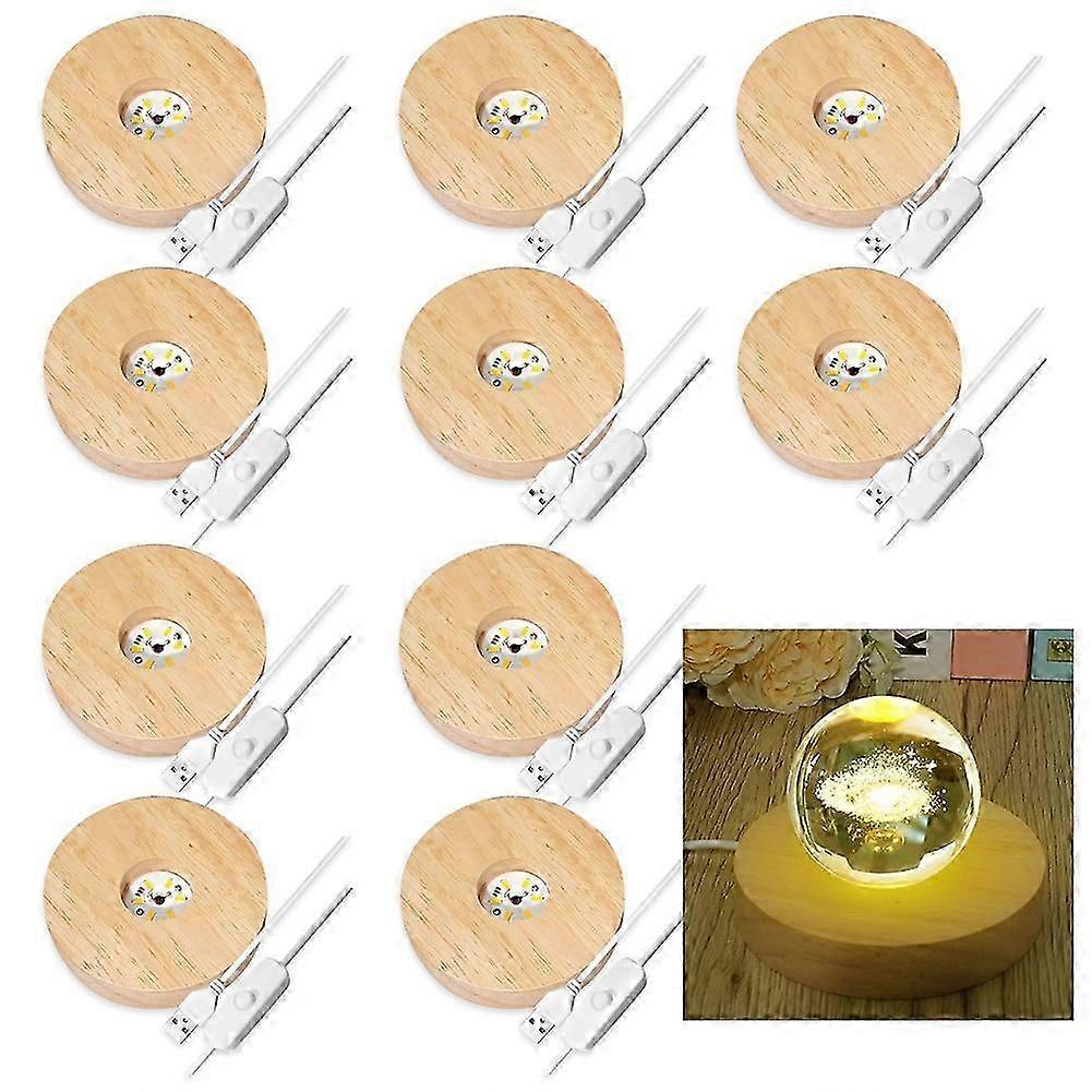 10 Pcs Wooden LED Display Bases Round Wood Display Lighted Bases for Glass Art LED Lighted Display S