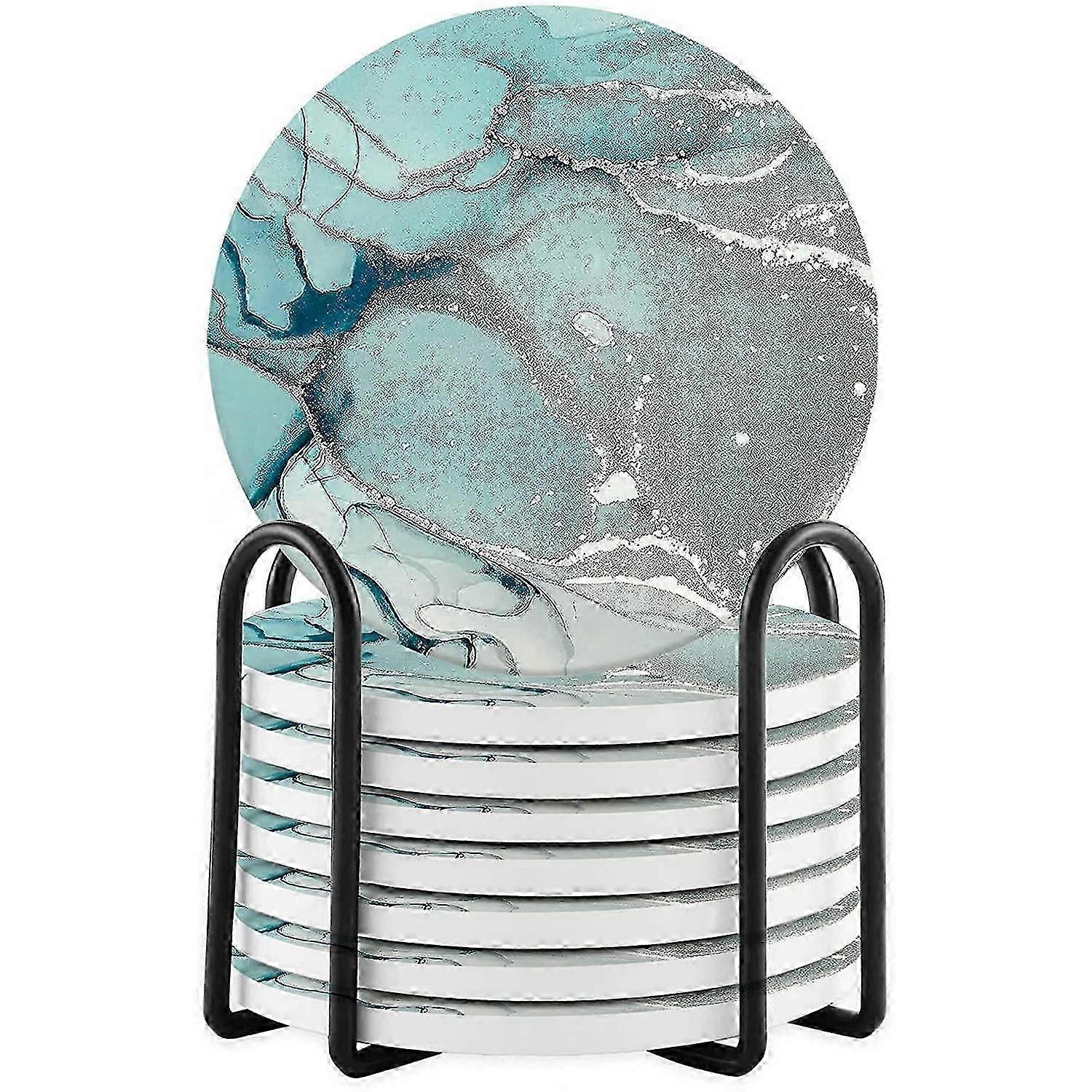 Ceramic Coasters For Drinks Water Absorbent,cork Marble Texture Coaster With Holder For ,kitchen Ho