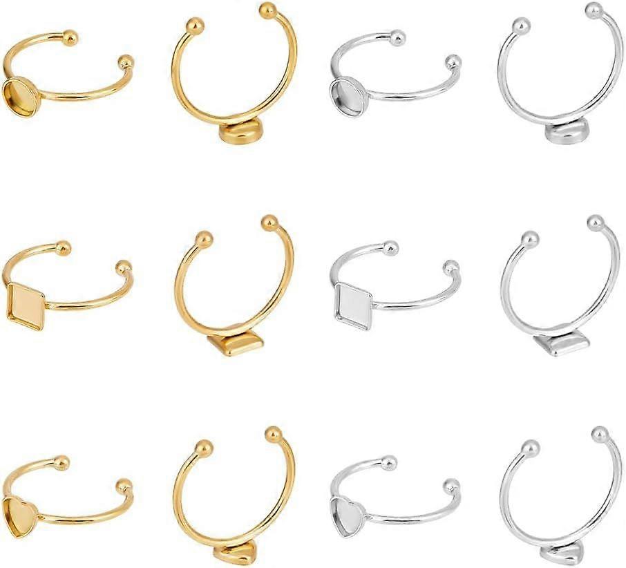 12Pcs 3 Styles 304 Stainless Steel Blank Dome Finger Rings 2 Colors Round Flat Pad Ring Components Open Cuff Bezel Trays Fit Ring for Jewelry Making T
