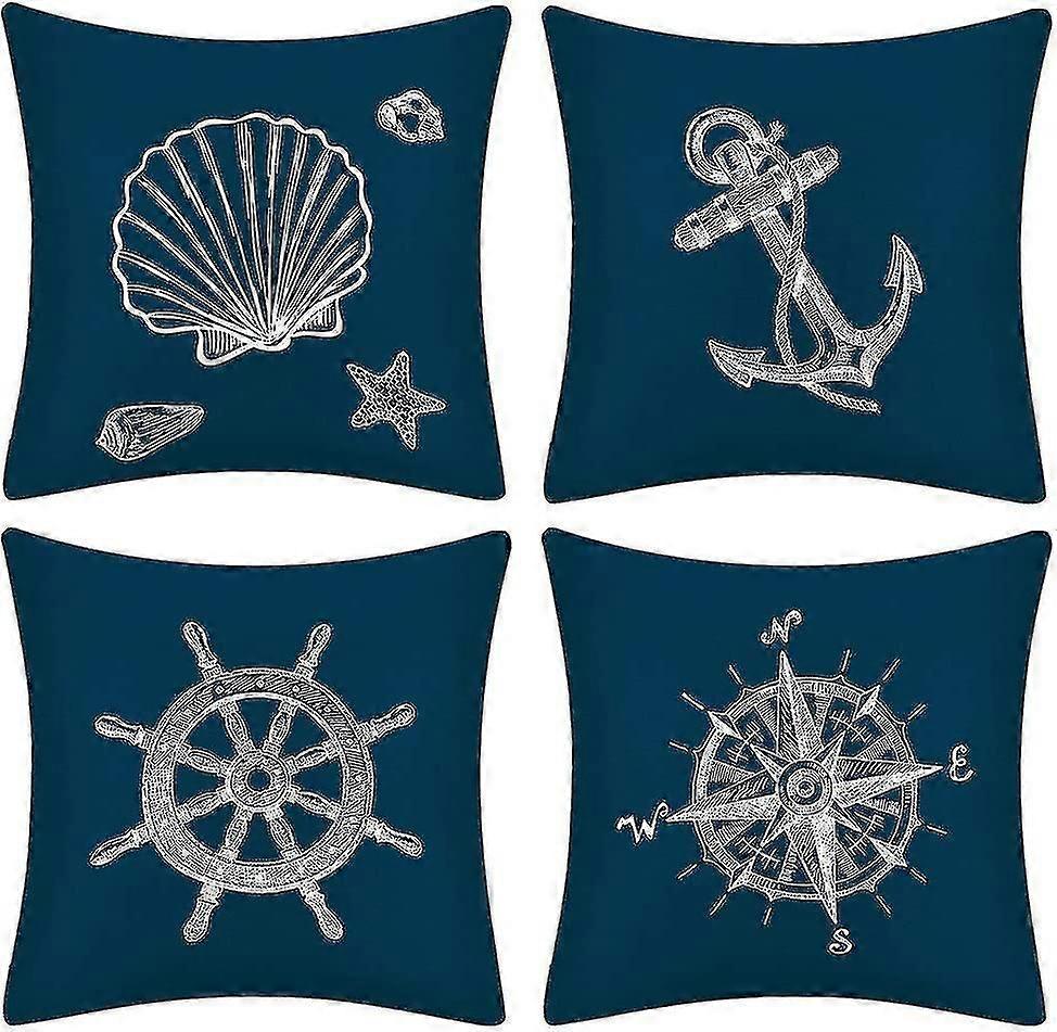 Set Of 4 Compass Navigator Marine Style Decor Sofa Cushion Cover Geometric Pattern (45 X 45cm)