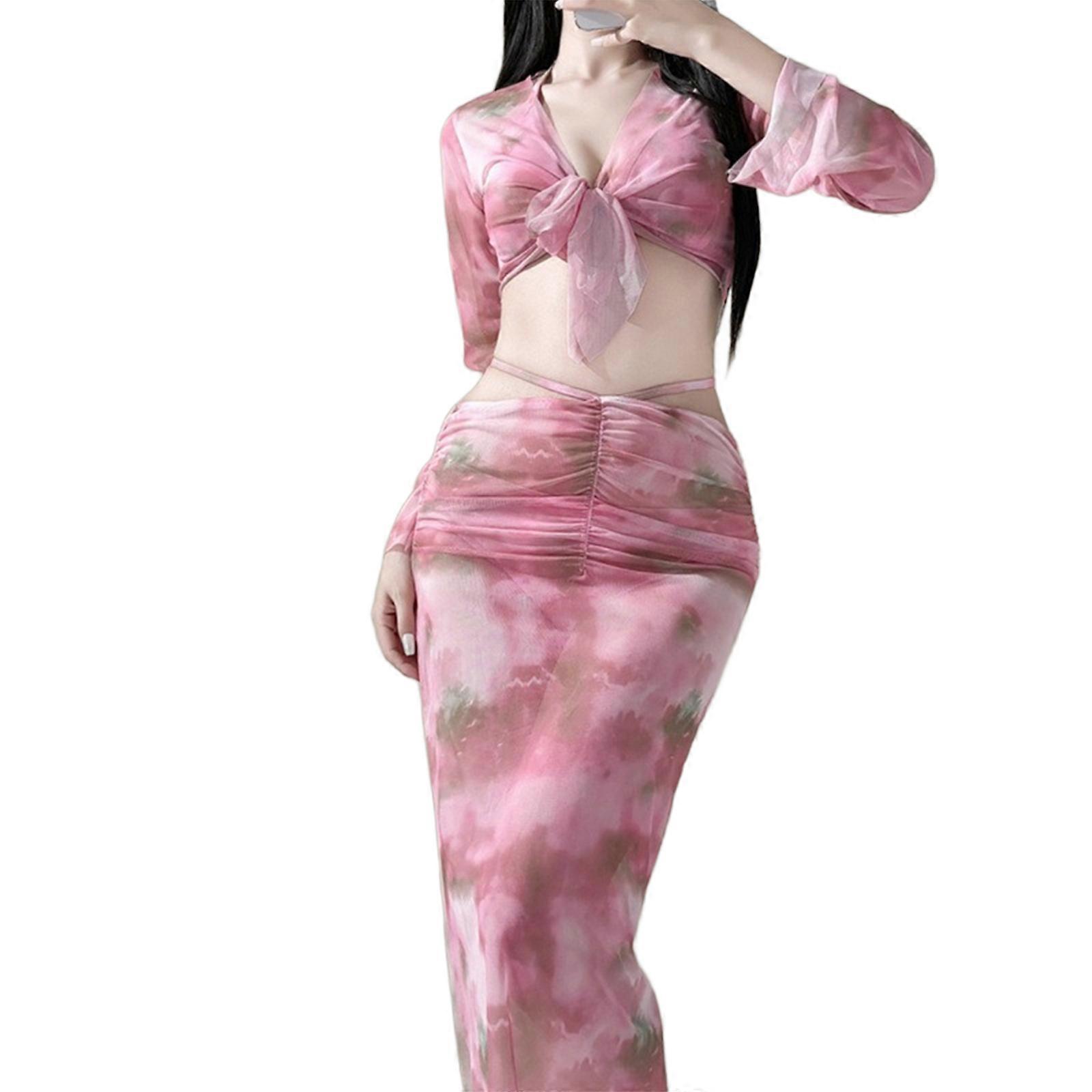 4 pcs maillot de bain pour femmes licous maillot de bain transparent maillots de bain Push Up maillot de bain avec crop top et jupe longue rouge XL