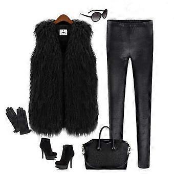Kvinder Shaggy Imiteret Pels Vest Vest Vest Jakke Frakke Gilet L Sort