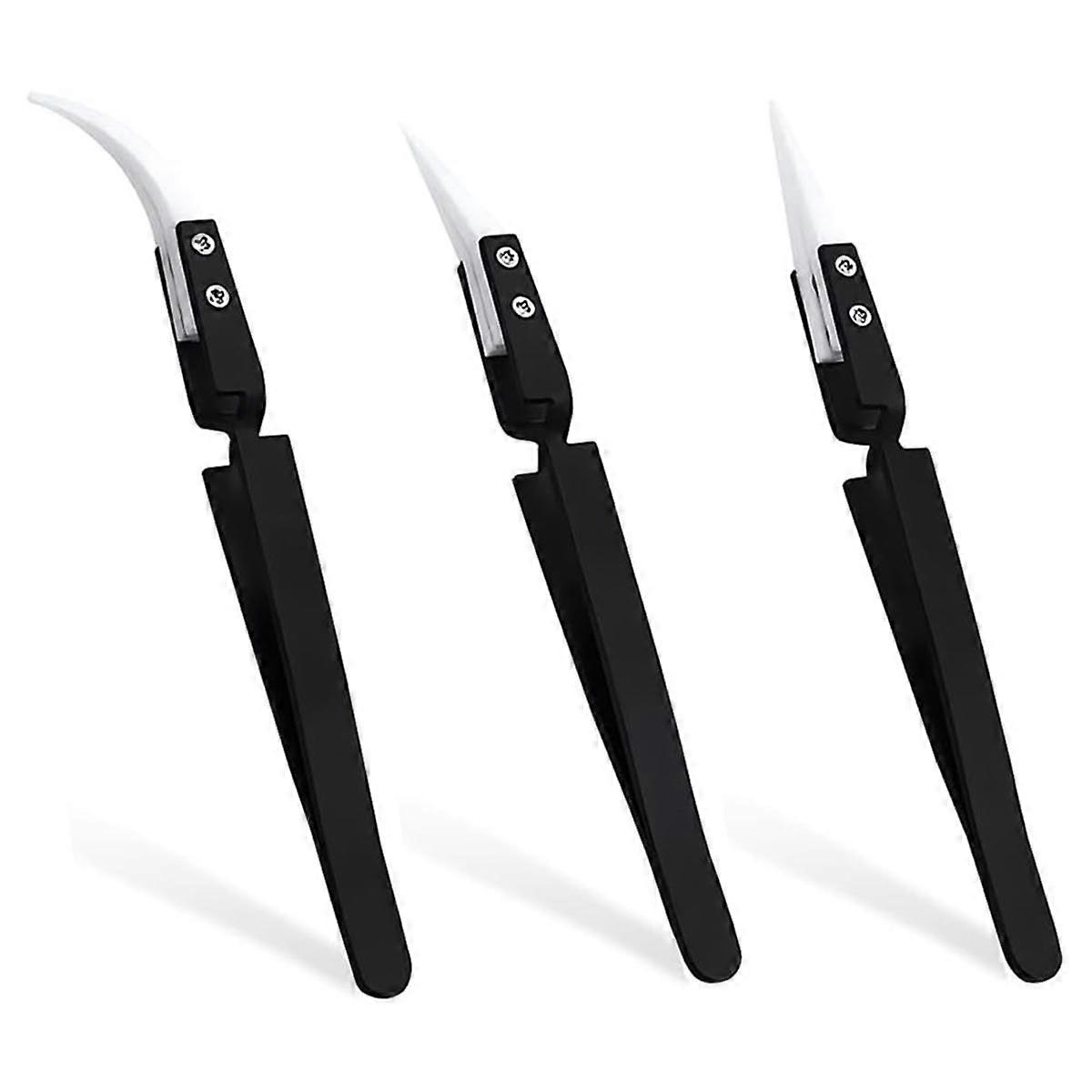 3Pcs Precision Ceramic Reverse Tweezers, Straight & Curved Tips Tweezers Set, Stainless Steel Tweez