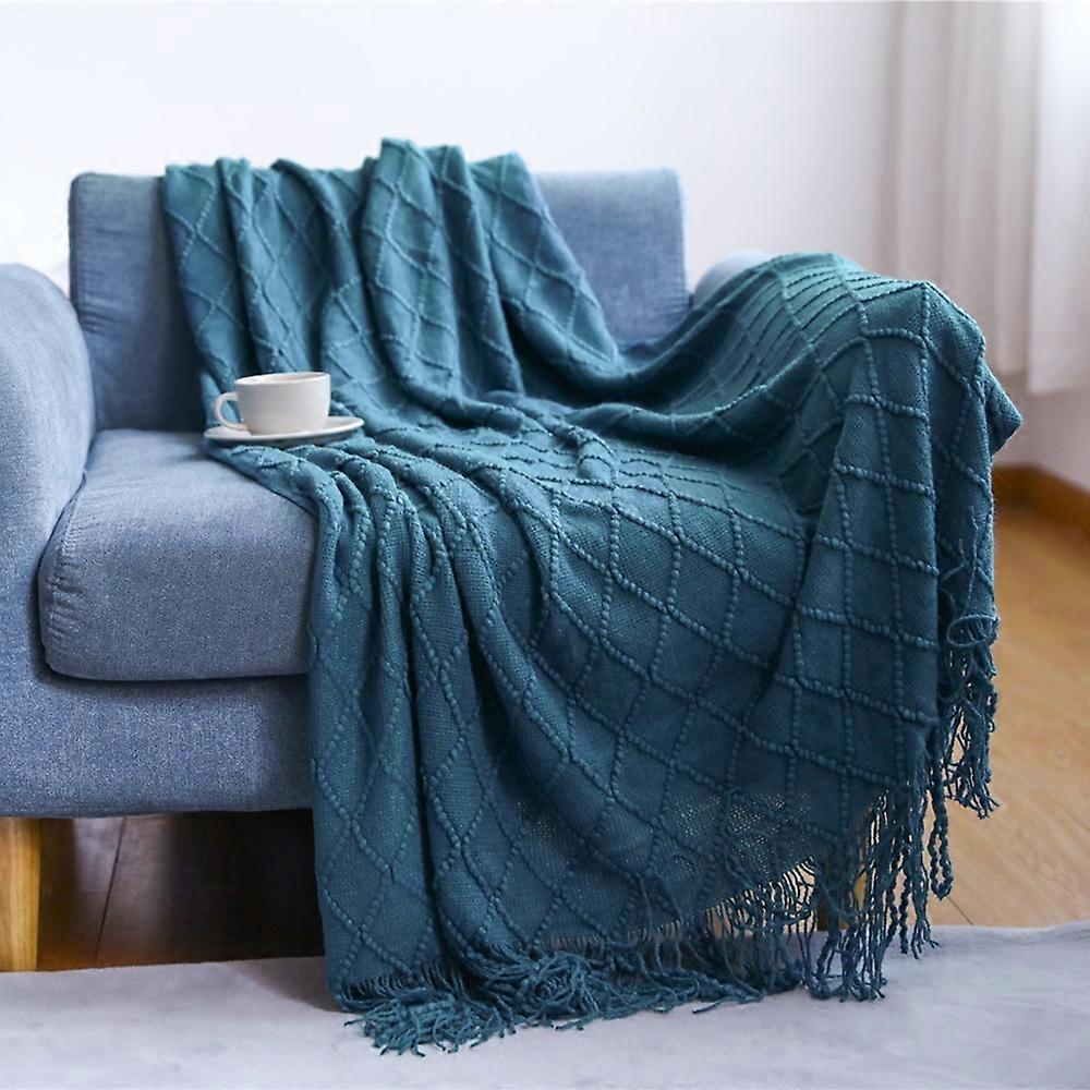 JB014 70x240cm Knitted Blanket Rhombus Texture Summer Sofa Throw Blanket with Tassel-Morandi Blue