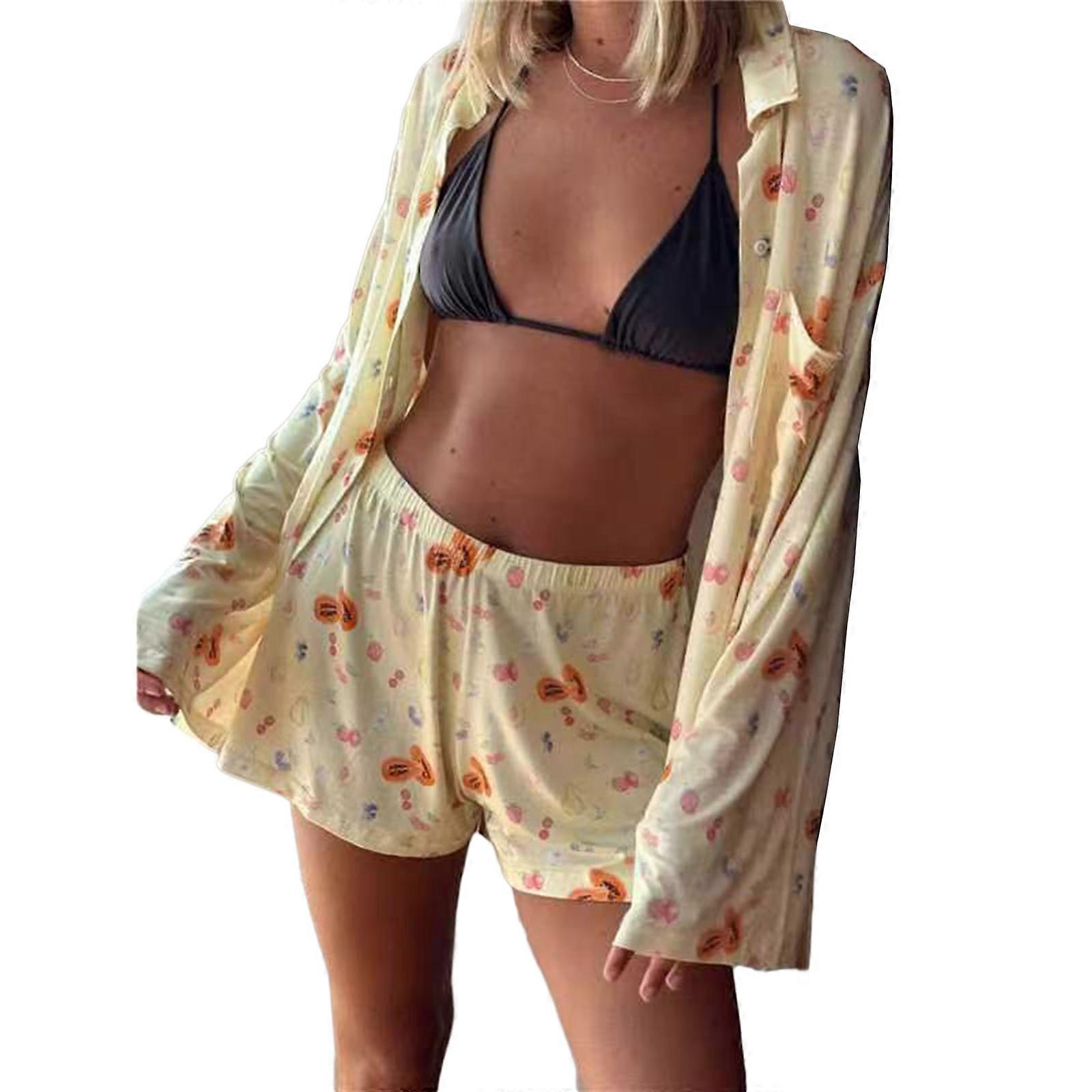 Da donna Due Pezzi Pigiama Set Stampa floreale Loungewear Camicia da notte Abbigliamento da casa Indumenti da notte Top con pantaloni Indumenti da notte Set Giallo M