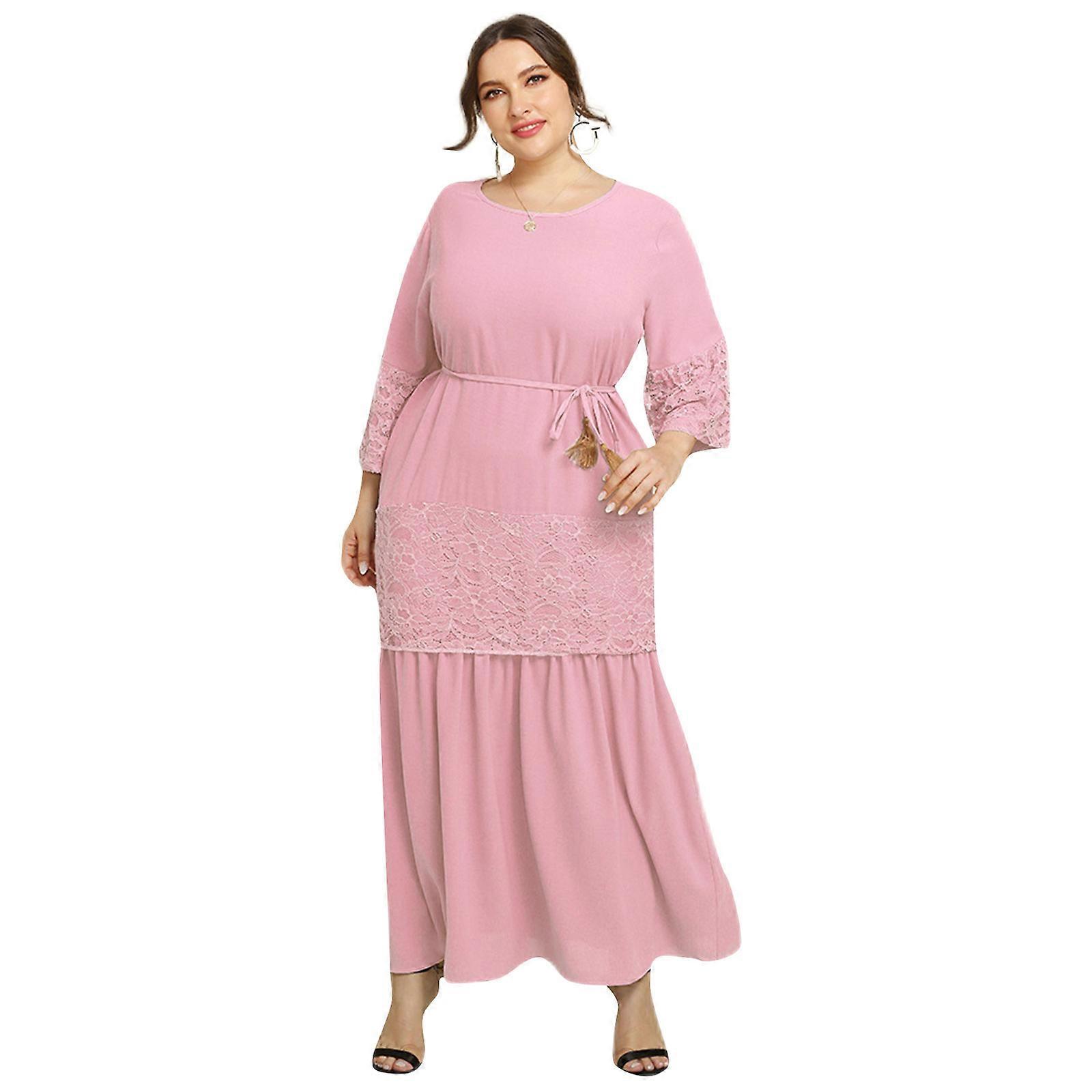 Mode Kvinnor Lös Casual Midi Klänning Spets Bandage Strandklänning Långärmad Boho Plus Size Klänning För Daglig Höst Resor Rosa XL