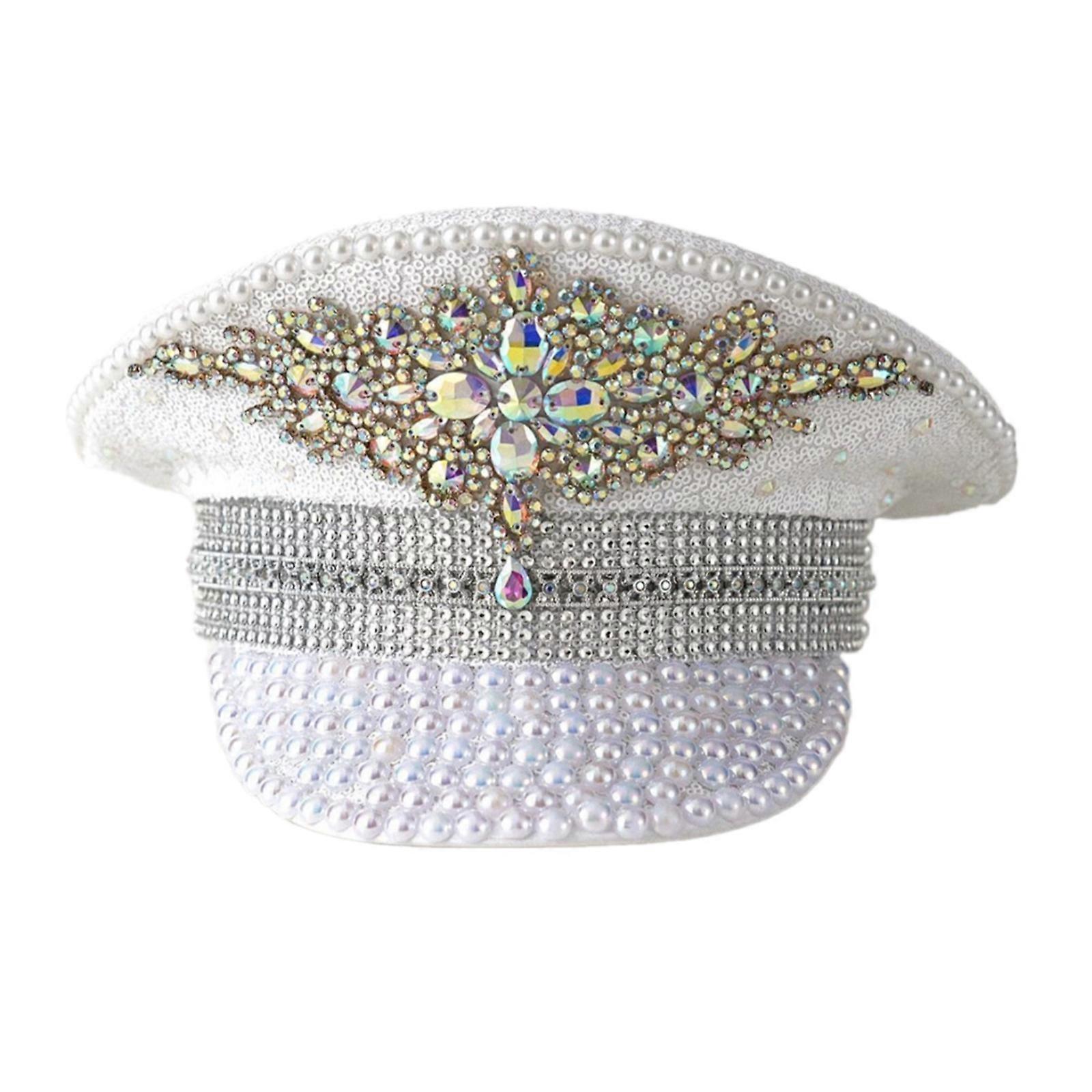 Bridal Captain Hat Jeweled Rhinestones for Women Bride Hat Sparkling Sequins Eye-catching Photo Props  C