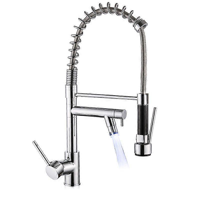 Commerical Pull Down Kitchen Sink Faucet with Sprayer Brushed Nickel Switch Cold and Hot Water LED