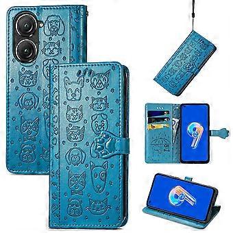 Case For Asus Zenfone 9 Flip Wallet Embossed Cover Etui Housse Cat Dog Pattern - Blue
