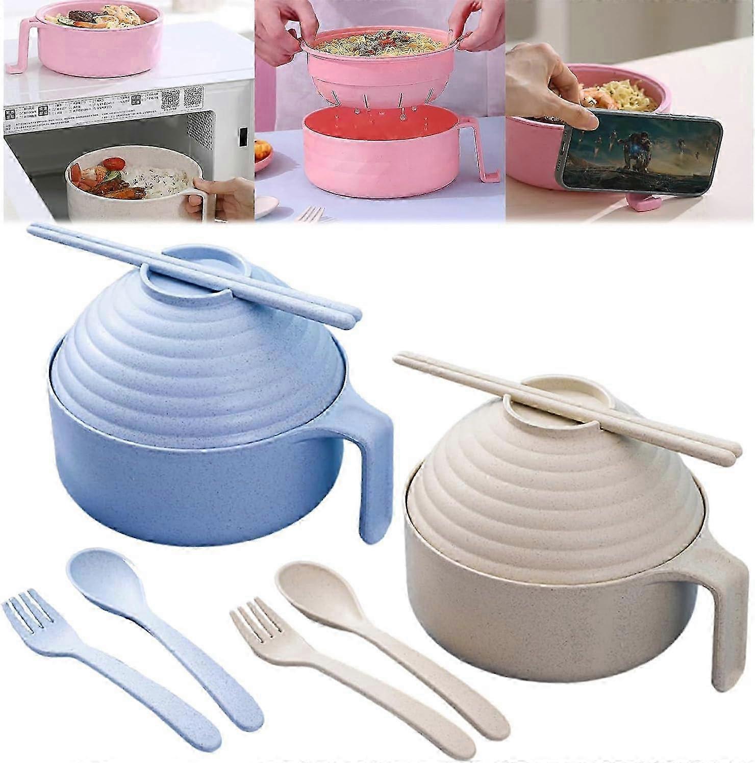 電子レンジラーメンボウルセット 箸&蓋付き - ブルー&ベージュ