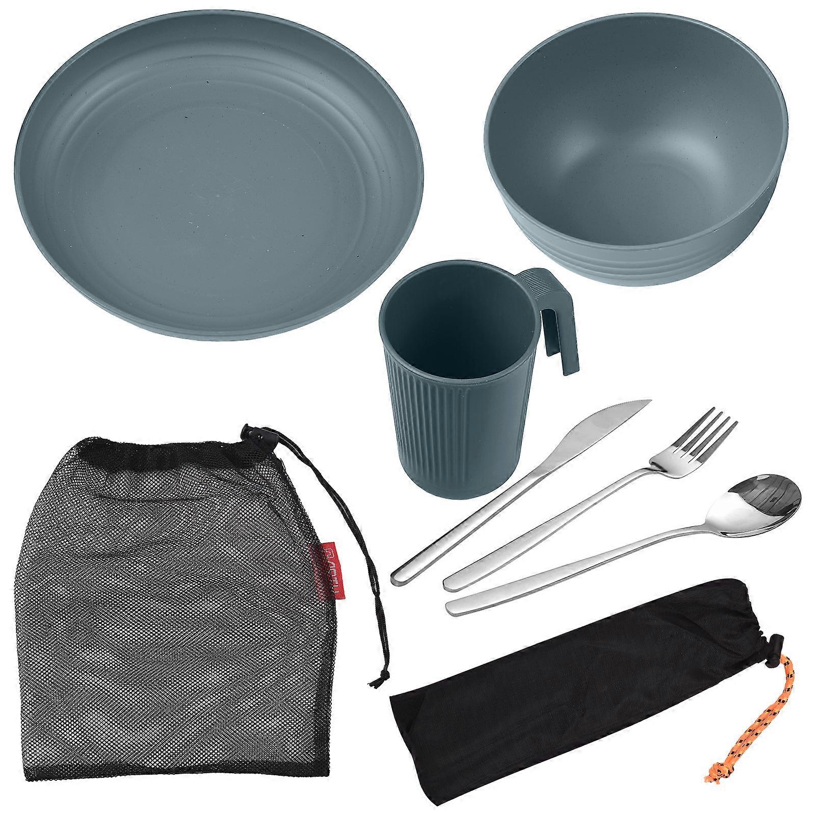 Camping Utensils Set for 1 Portable Wheat Straw Mess Kit with Bowl Plate Cup Fork Knife Spoon Outdoor Tableware & Picnicware