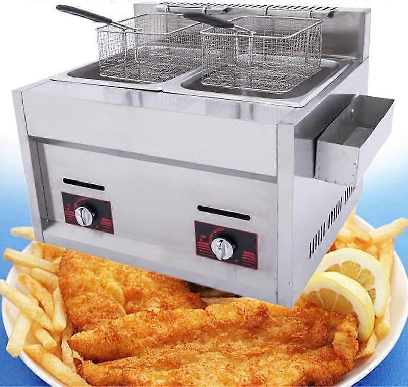 Professional commercial deep fryer, LPG stainless steel deep fryer, adjustable firepower, 20liter double deep fryer with, includes baskets.