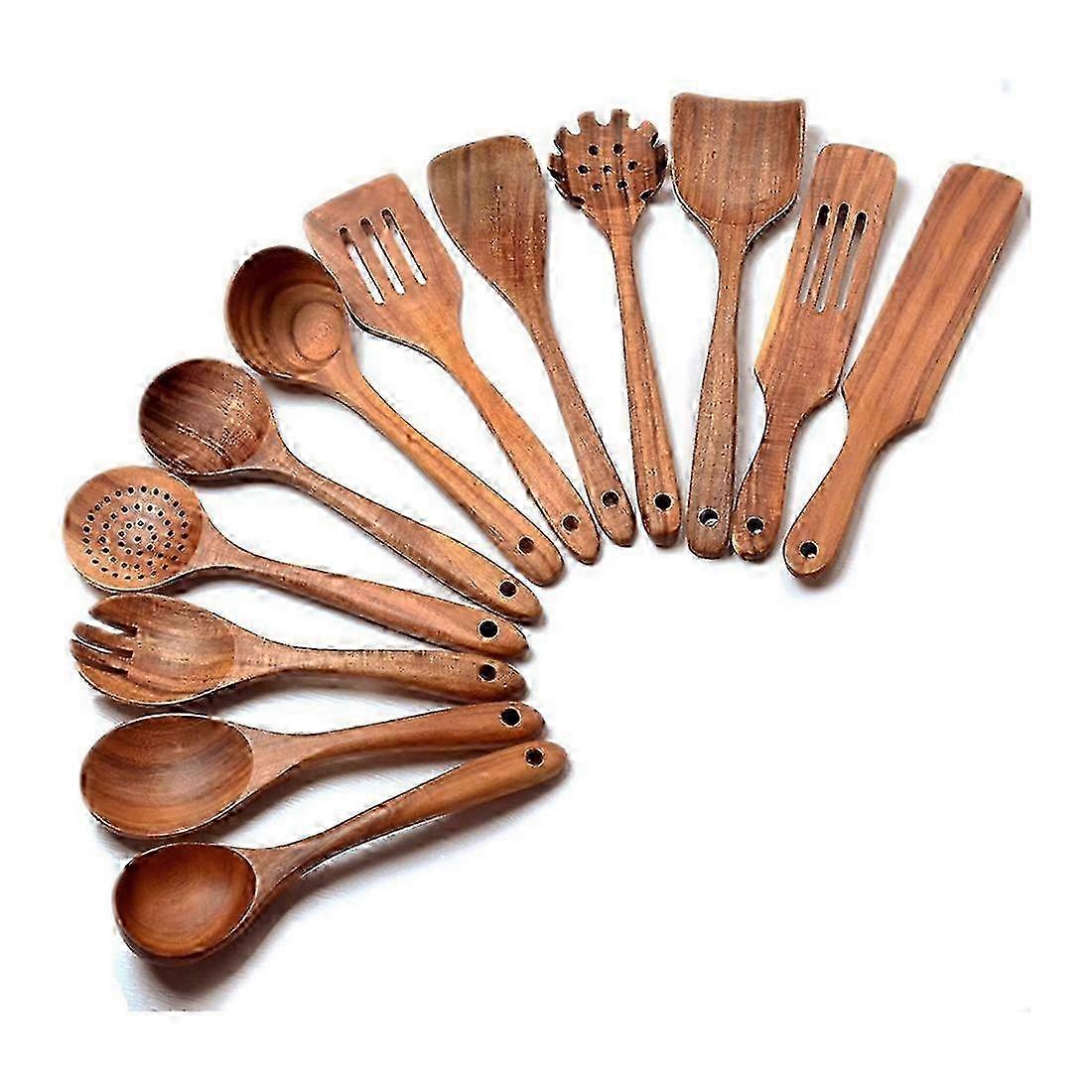 Set di 12 utensili da cucina in legno, inclusi cucchiai e spatole per uso in cucina