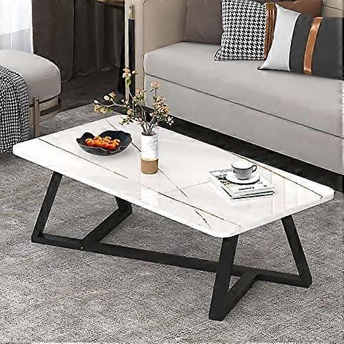 Coffee table, rectangular end sofa table, tempered glass marble , black metal frame (White gold)