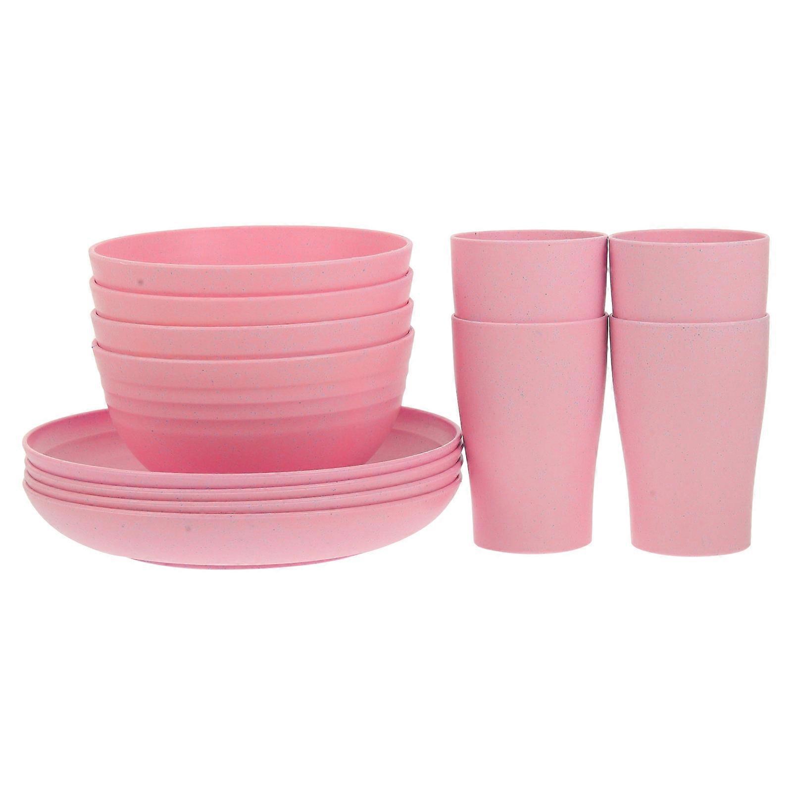 Microwave Safe Plastic Dinnerware Set 12Pcs For Kids Camping Kitchen Use Unbreakable Pink Color