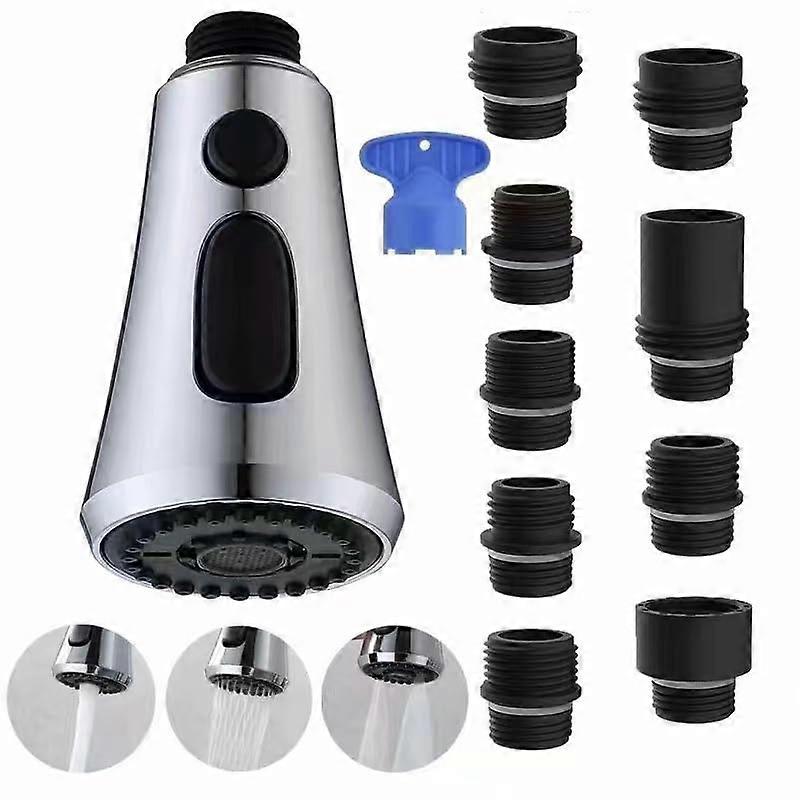 Kitchen Faucet Head Replacement, Pull Down Spray Head with 9 Adapters, 3 Function Nozzle, Chrome Finish, G1/2 Compatible