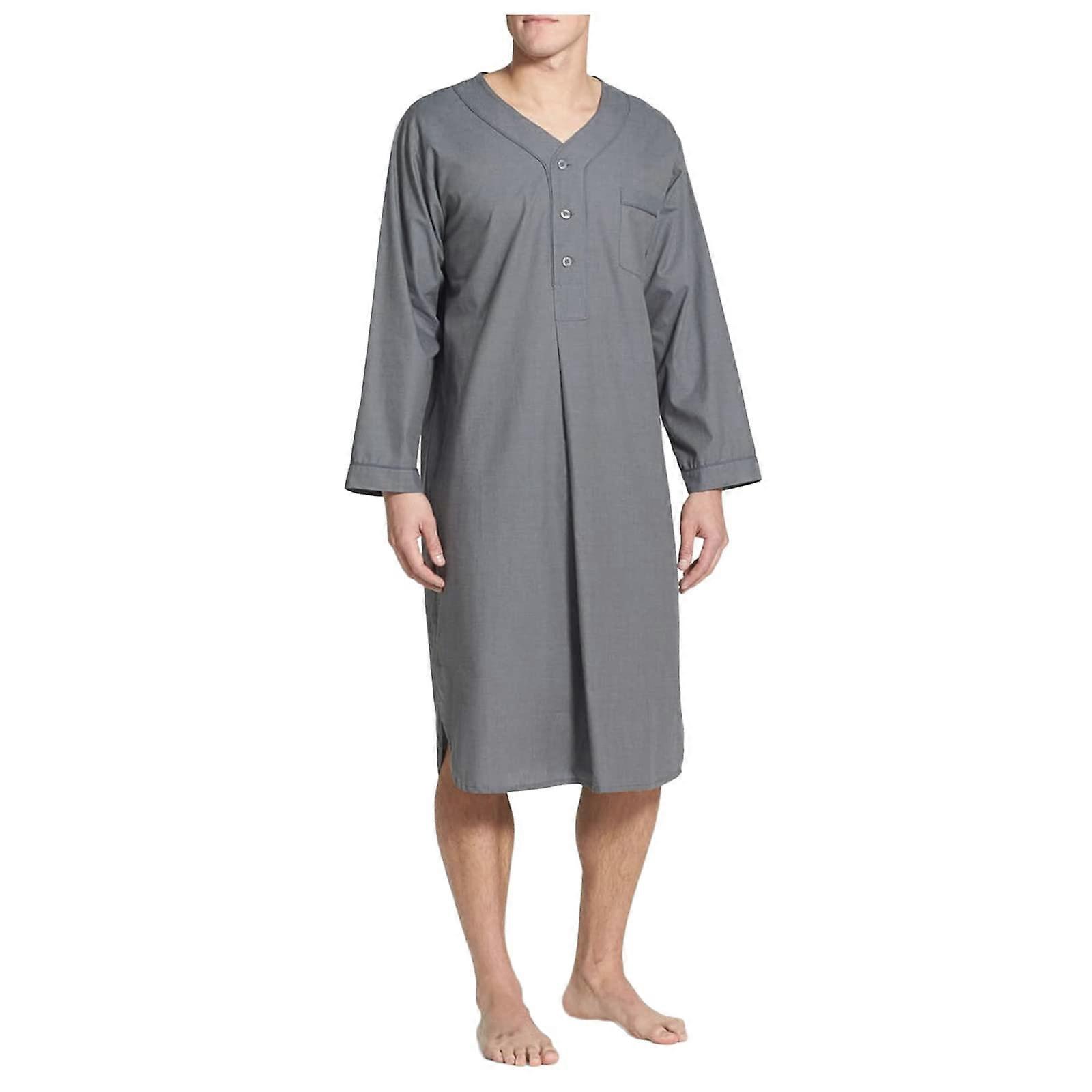 Men's Robe Kaftan with Muslim Print, V-Neck Long Sleeve Abaya, Grey, Loose Fit Sleepwear, Size M, Dubai Style