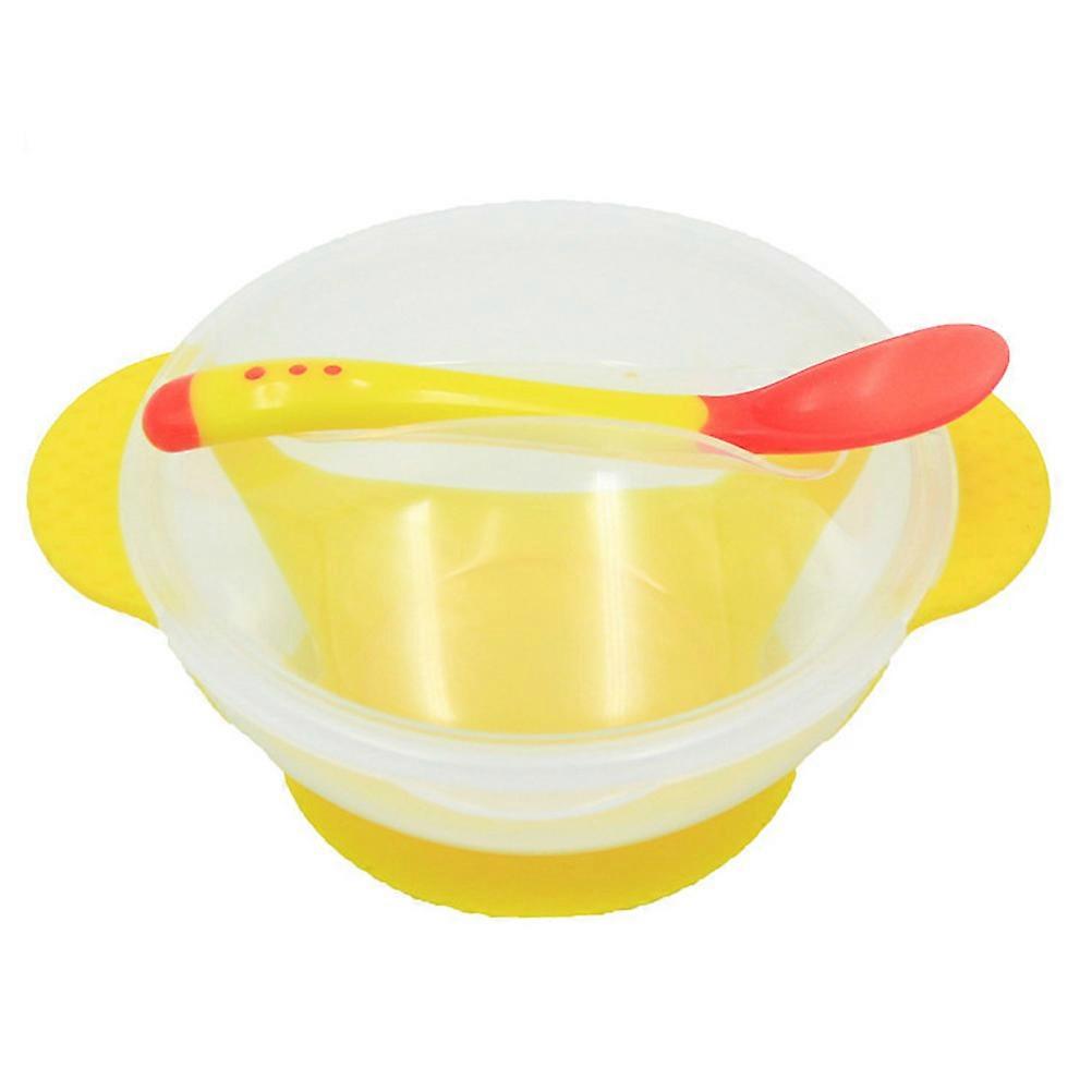 Suction Bowl and Spoon Set with Lid for Kids in Yellow Made of Safe PP Material 0.3L