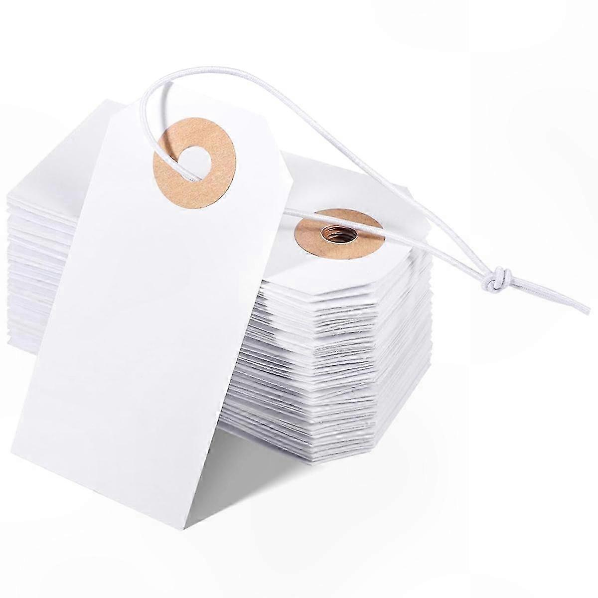 100 Count Writable Hang Tags with Reinforced Holes and Elastic Strings for Easy Labeling and Organization