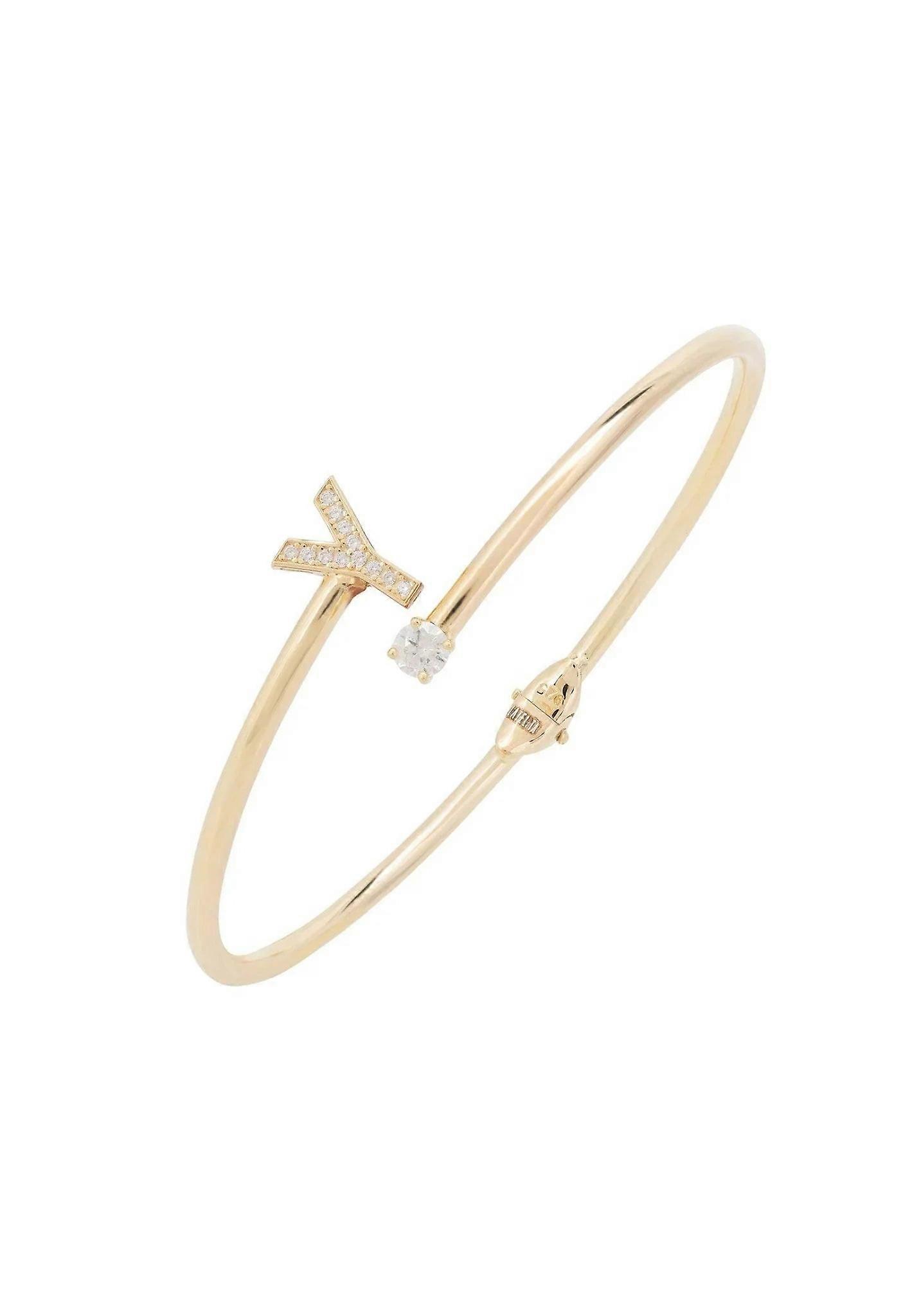 Latelita Women's 925 Sterling Silver Initial Bangle with 22ct Gold Plating and White Cubic Zirconia - Gold