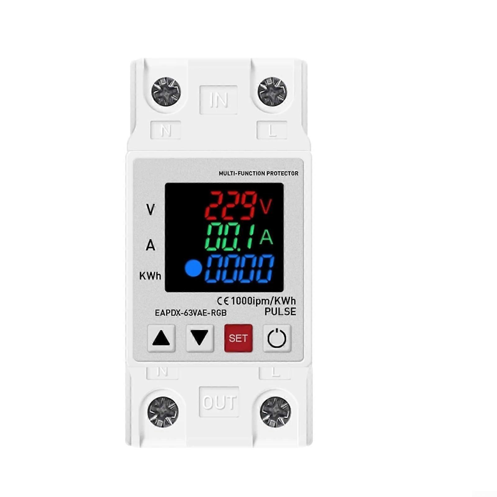 63A 230V Din Rail Circuit Breaker 3In1 Digital Display Overvoltage Undervoltage Protection Adjustable Trip KWH Monitor