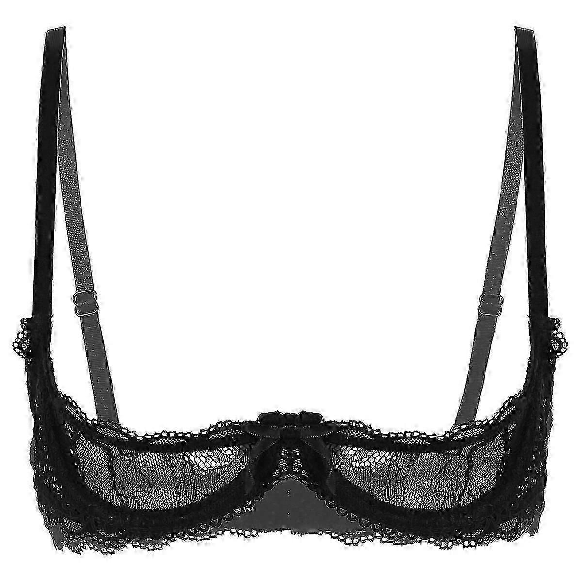 Naisten läpinäkyvä pitsi Open Cup alusvaatteet Rintaliivit Säädettävät spagettiolkaimet 1/4 kuppia Näe läpi Push Up Underwire rintaliivit yläosat