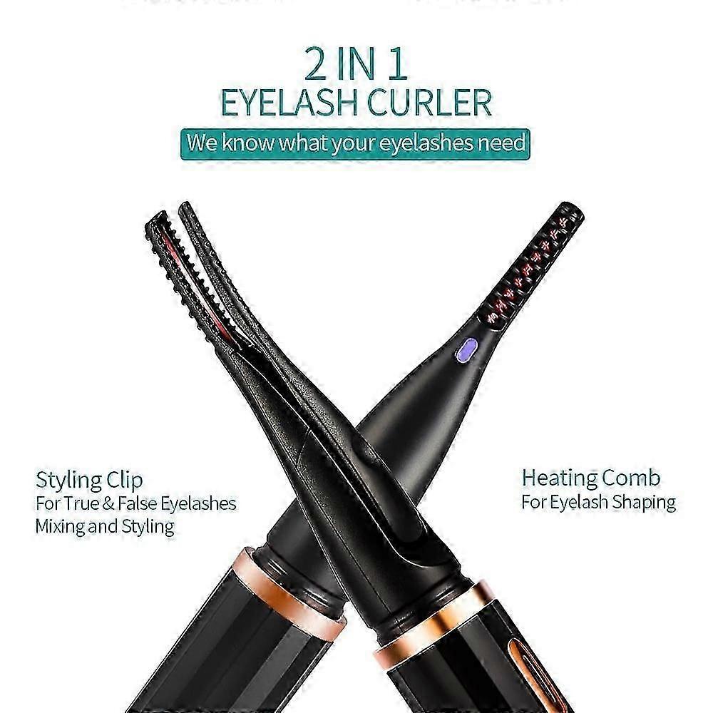 2-IN-1 Eyelash Curler Heating Styling Clip 60s Curling Lash Curler Long-lasting Curling Comb&Clip Dual Use Ironing Brush Mascara