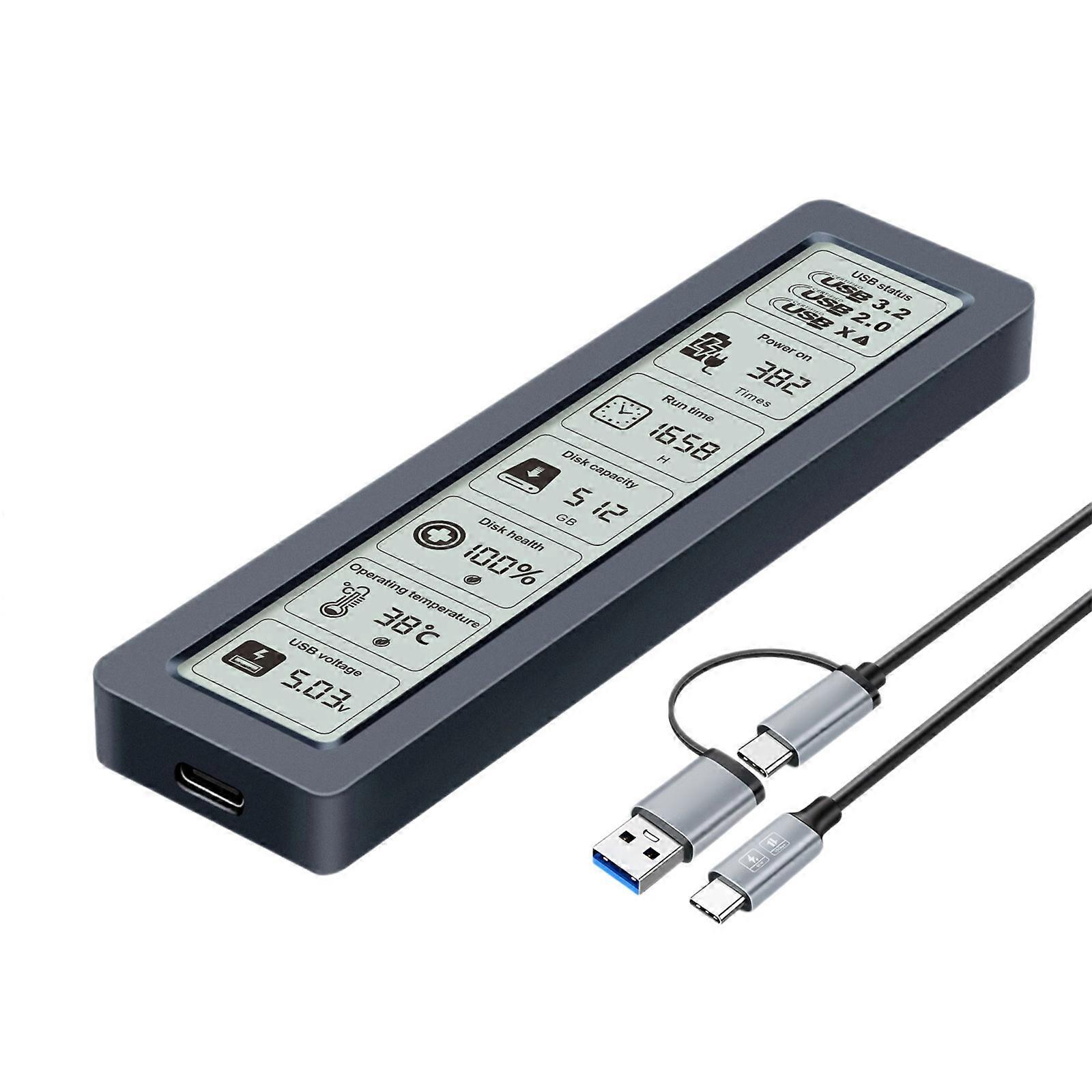 M.2 NVMe SSDs Enclosure With Smartests Display Monitor Real Time Health Data Aluminum Heat Dissipation USB 3.2 10Gbps Type C/A Cable Multicolor