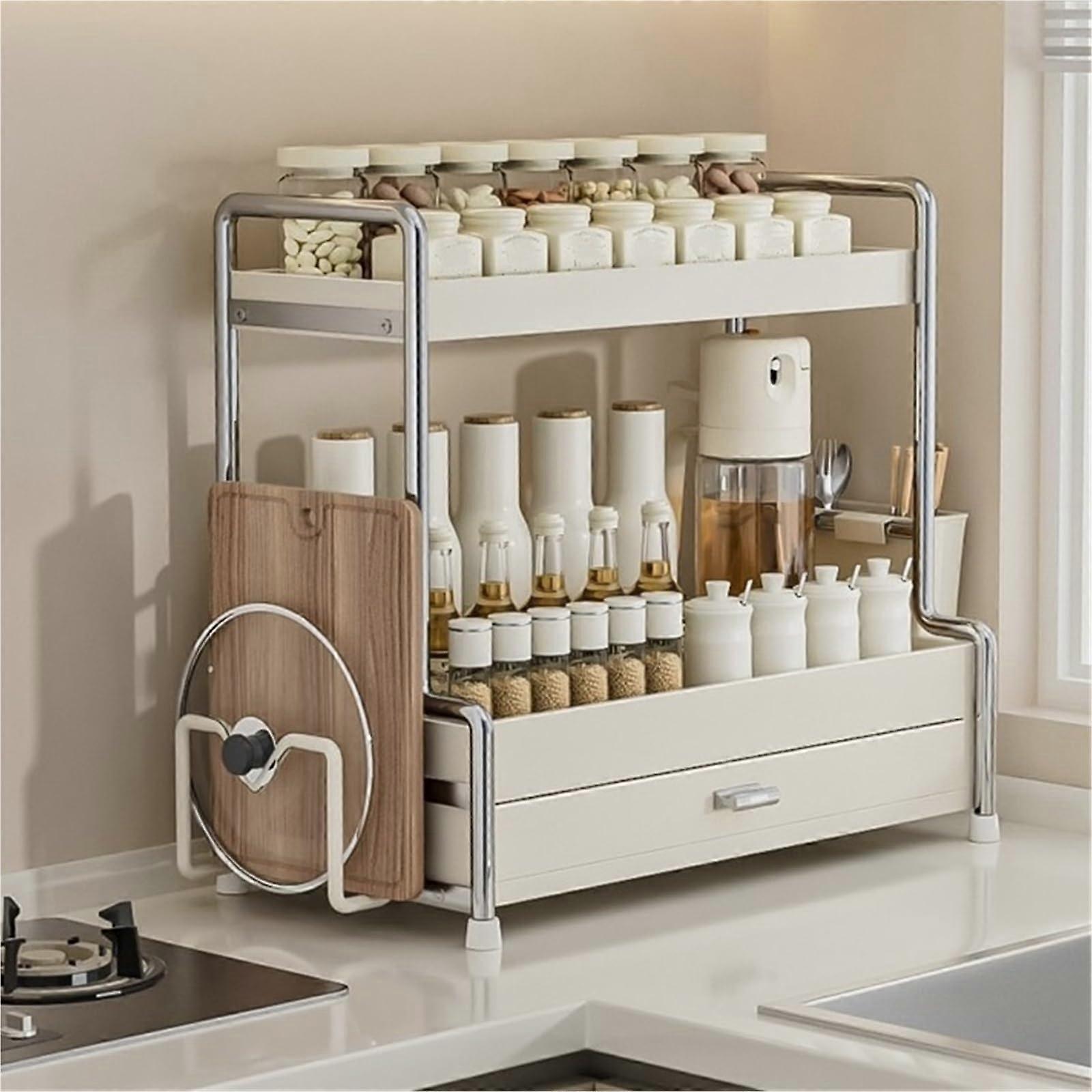 Spice Rack Organizer for Kitchen Countertop, Large Capacity Cream Seasoning Storage with Partitioned Shelves