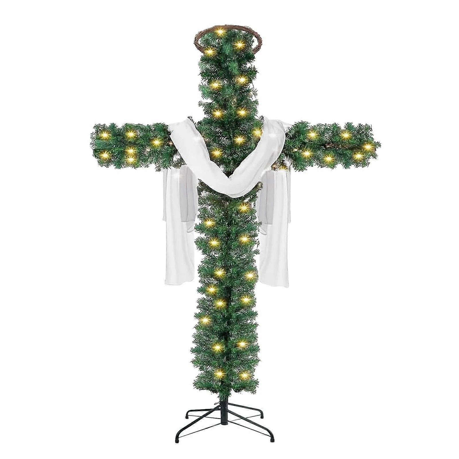 70inch Cross Christmas Tree with Light Prelit Christmas Tree with Rattan Christ