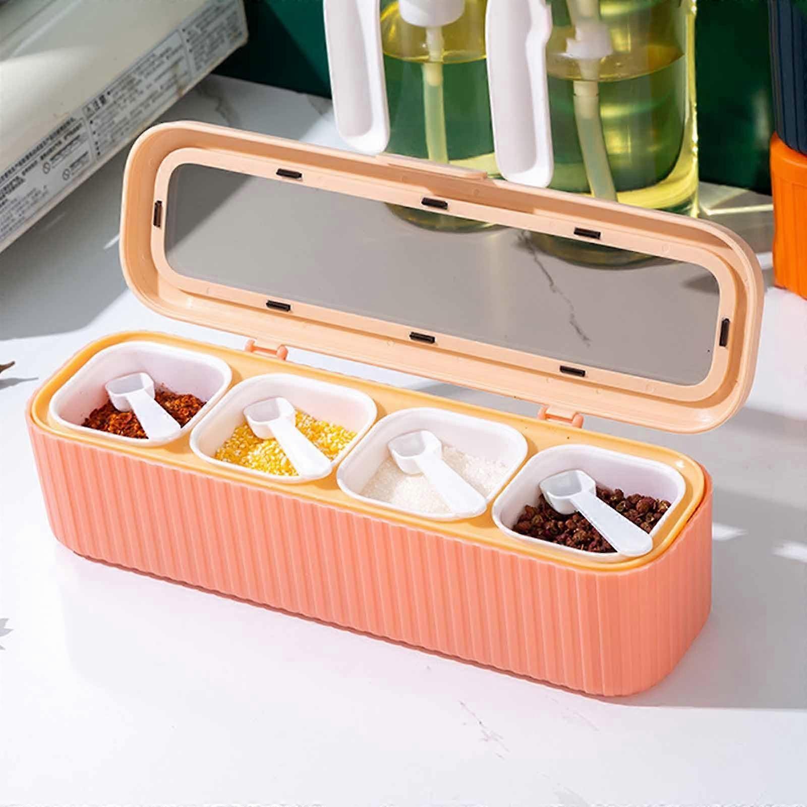 4 Compartment Spice Container Set with Clear Lid and Spoons, Removable Seasoning Box for Kitchen Countertop (Pink)
