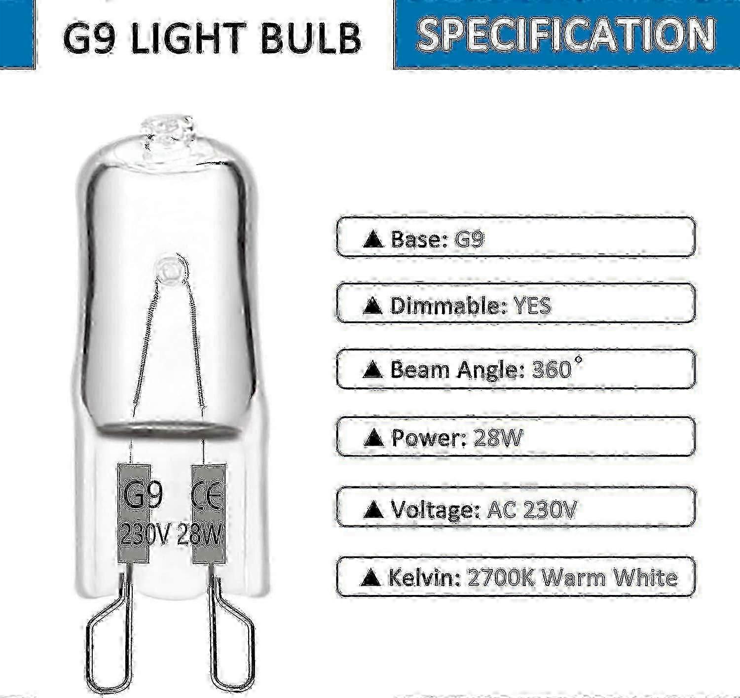 G9 Halogen Light Bulb 28W 230V Dimmable Warm White 2700K 10 Pack