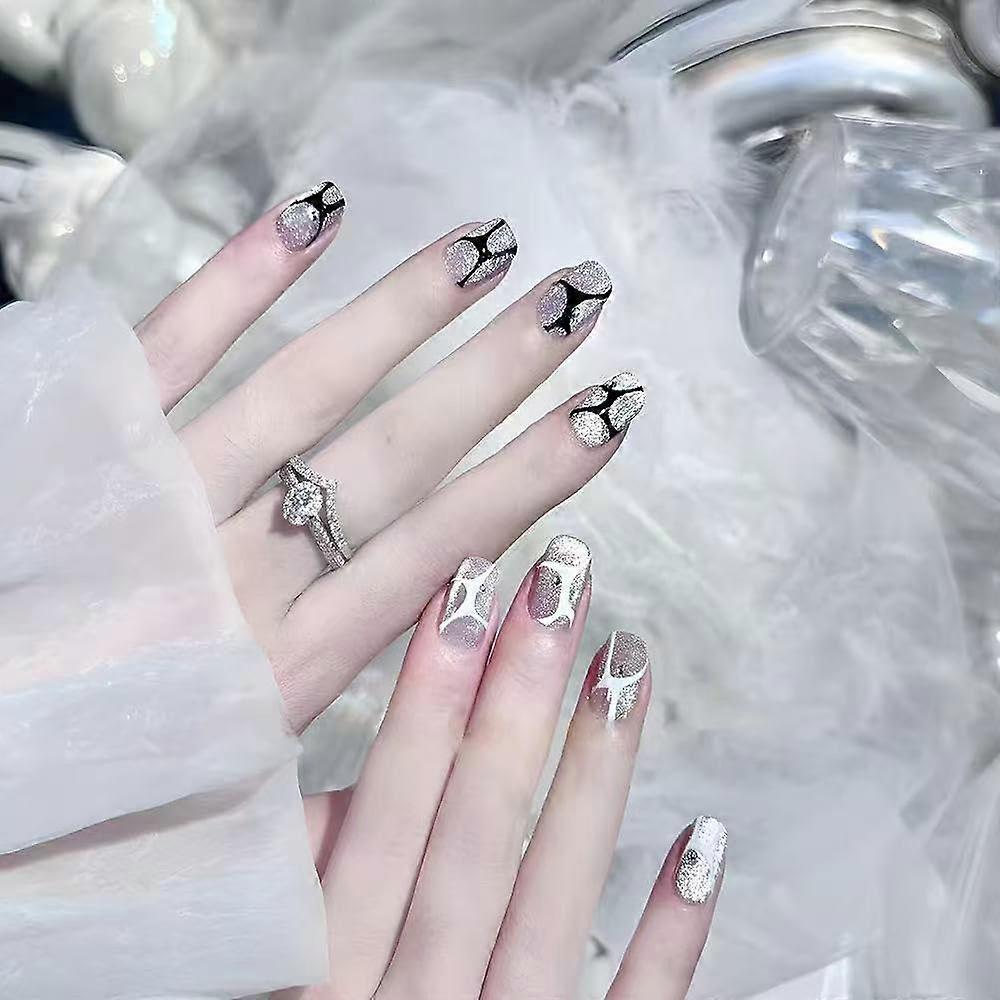 Medium Soft Gel Press On Nails Black and White Grid Cat Eye Design Reusable 24pcs Set