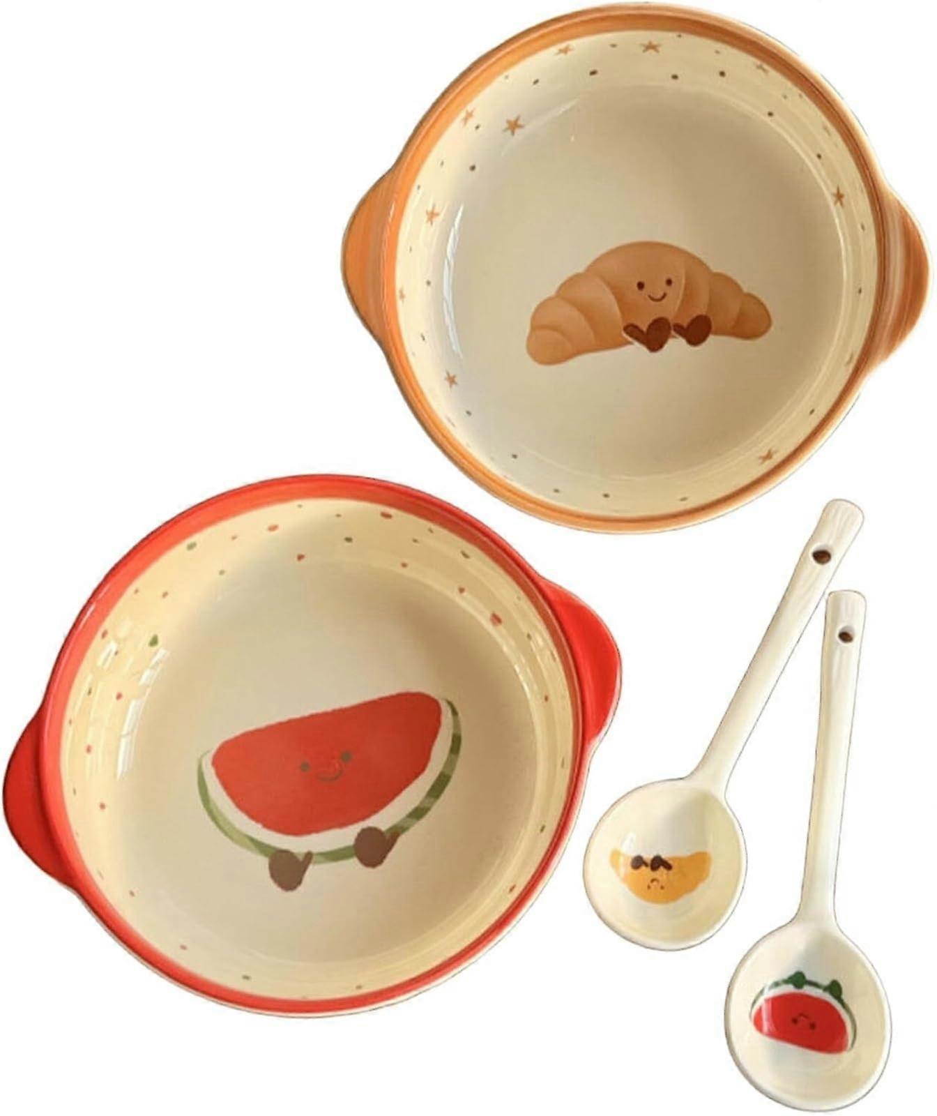 Ceramic Underglaze 6Inch Bowls Set with Spoons, Microwave Dishwasher Safe, Scratch Resistant