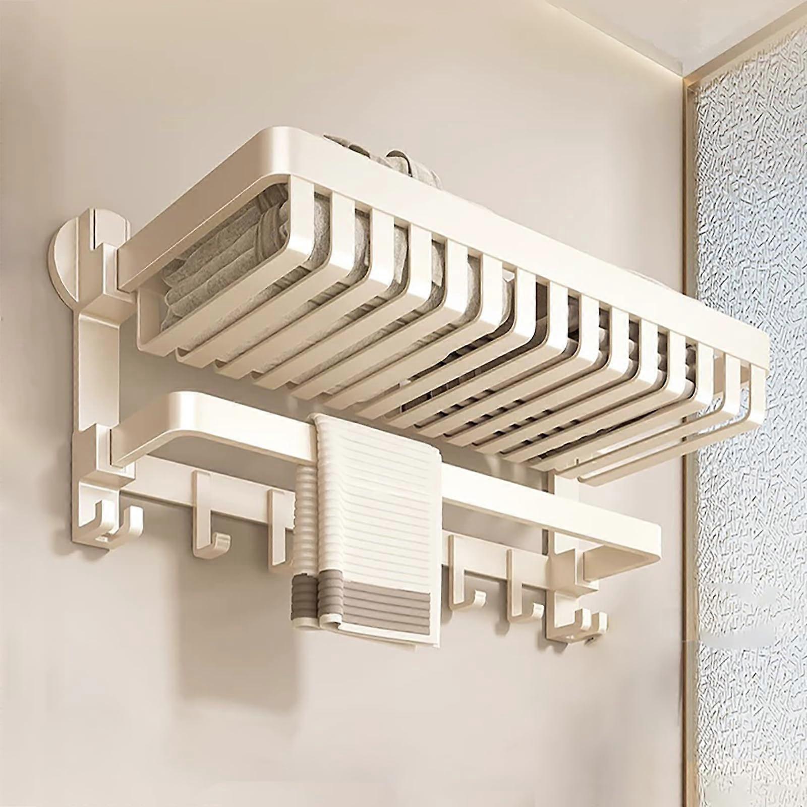 Foldable Bathroom Towel Rack with Hooks, SpaceSaving Wall Mounted Shelf, No Drilling, Beige S40CM