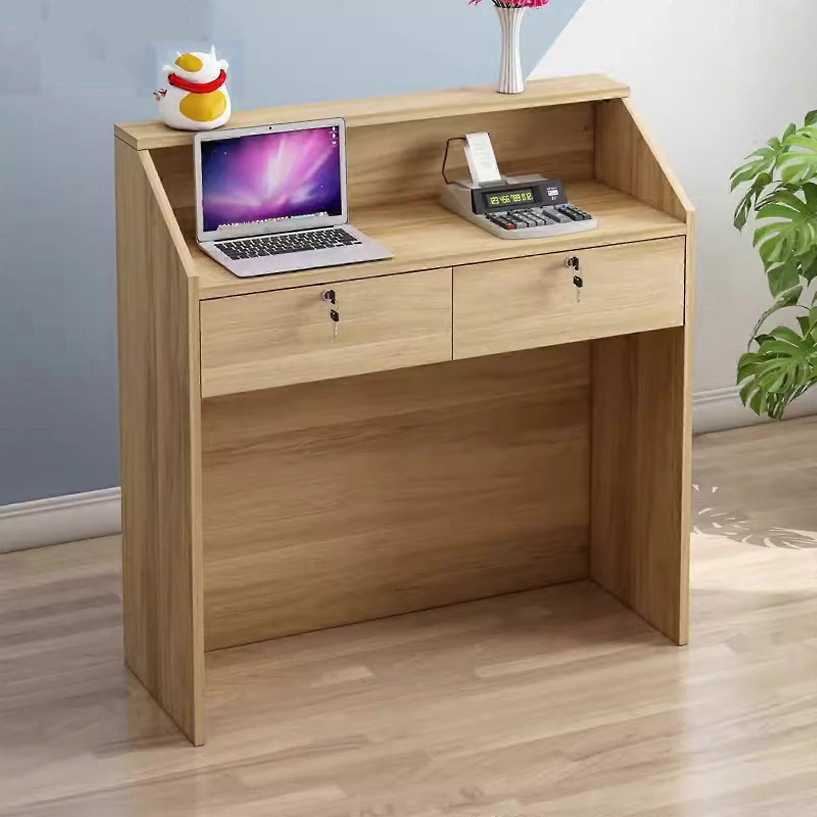 Reception Desk with Lockable Drawer, Light Walnut Checkout Counter for Small Retail Spaces