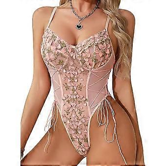 Women Sexy Lace Up Floral Embroidered Teddy Lingerie Bodysuit Top Mesh Sheer One Piece