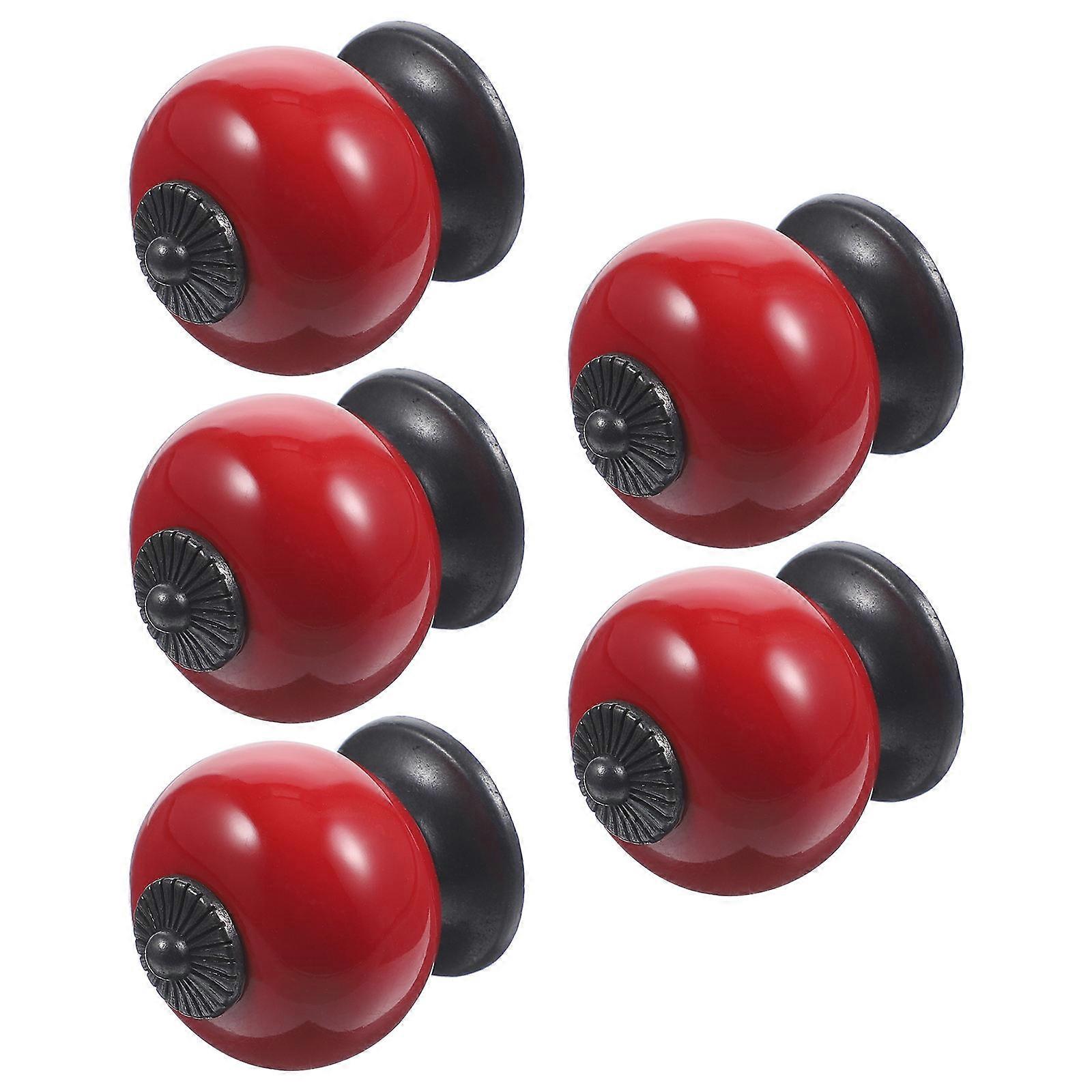 5pcs Fashion Round Ceramic Kitchen Cupboard Cabinet Drawer Door Knobs Pull Handles (Red)