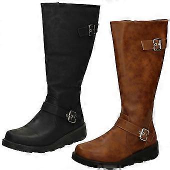 Ladies Spot On Buckle Detailed Wide Fit Knee High Boots F51202 - Black Synthetic - UK Size 7EE - EU Size 40 - US Size 9