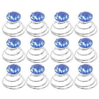 12pcs Ladies Rhinestone Hair Pin Metal Coil Spiral with Decoration for Wedding Prom Party Birthday (Blue)