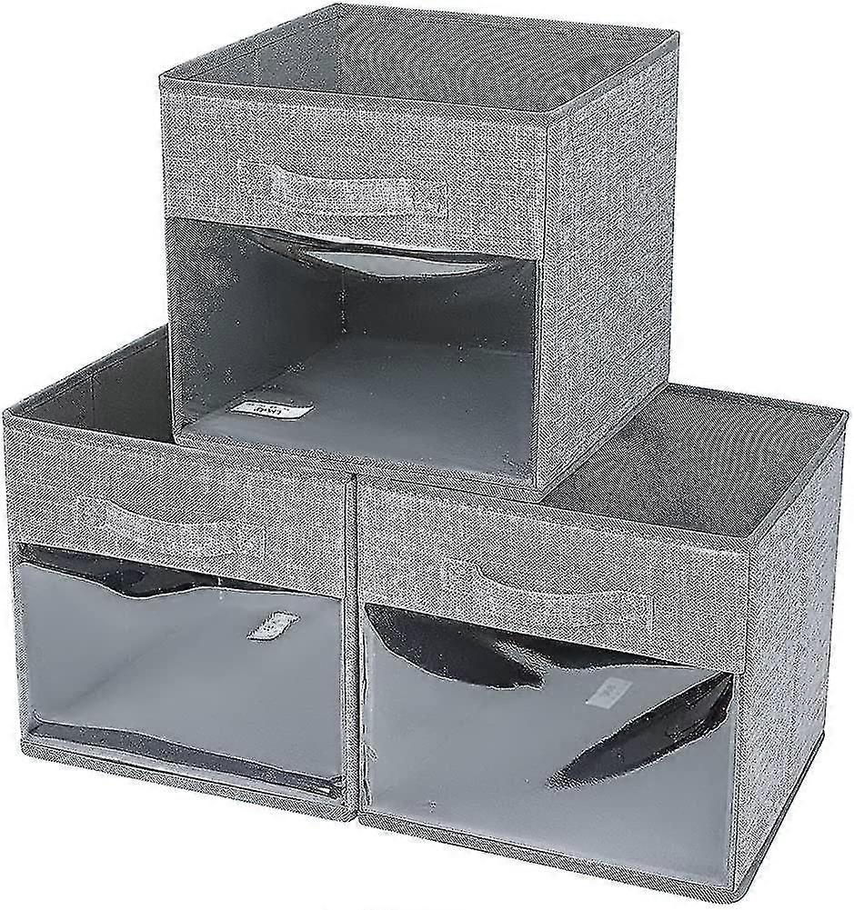 3 Pack Foldable Storage Boxes With Transparent Window, Fabric Storage Cubes With