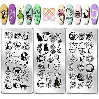 3pcs Moon Stars Pattern Nail Stamp Plate Cute Cat Shape Print Art Template Stainless Steel Nail Image Plate Sun Pattern Nails