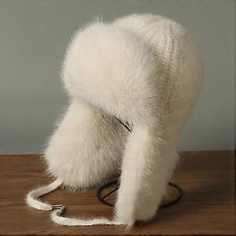 Women's Knitted Earflap Hat, Thickened Faux Rabbit Fur Winter Beanie with Ear Protection, Fluffy Warm Trapper Cap for Riding Outdoor