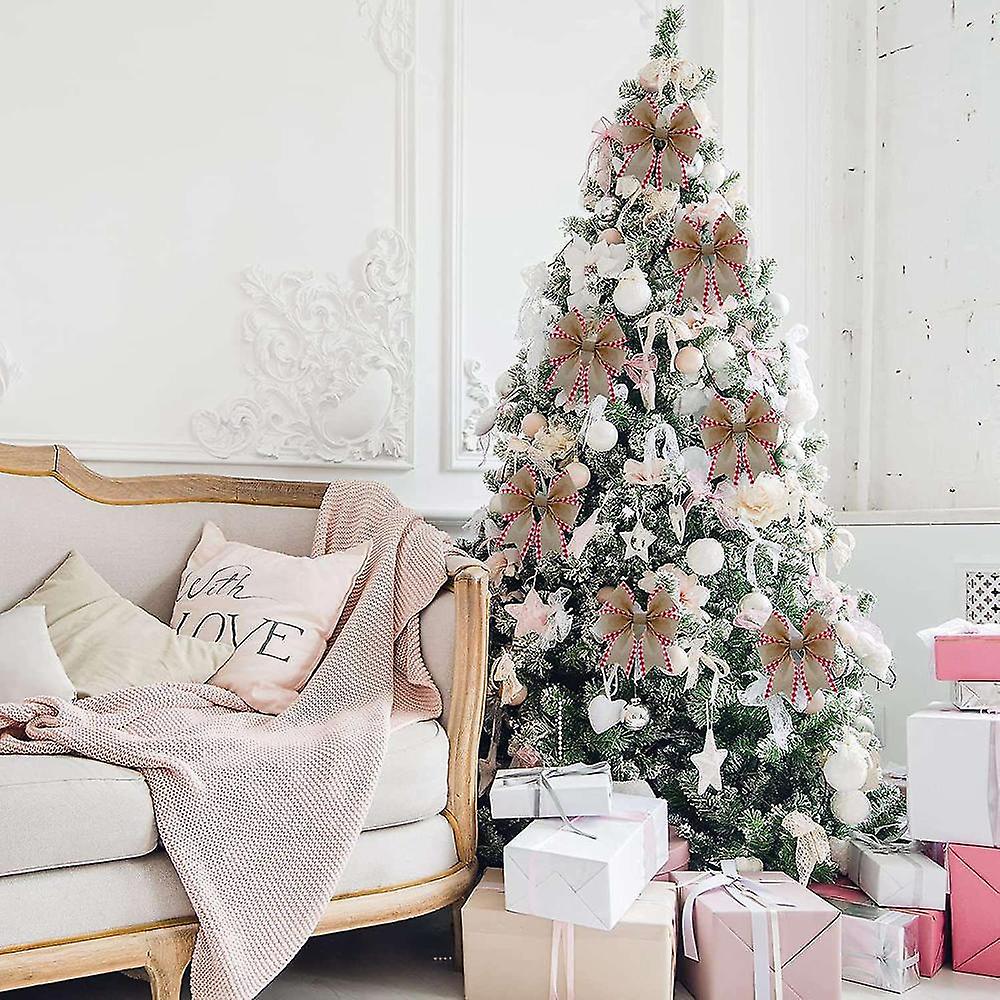 2 Rolls Plaid Wired Edge Ribbons Christmas Imitate Burlap Fabric Craft Wrapping Ribbon Rolls With C